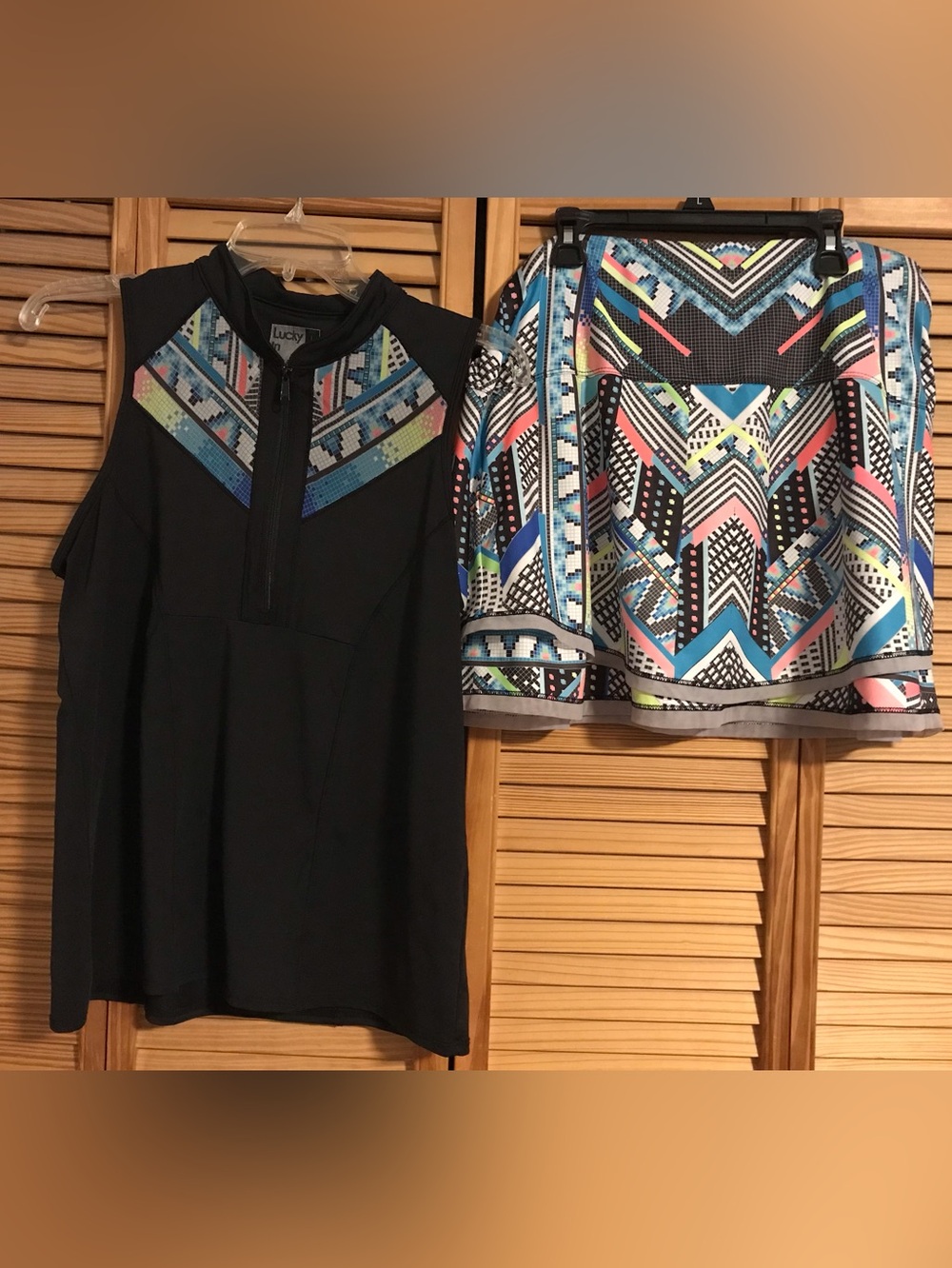 Lucky in Love Black Tank Top and Skort with Multicolor Geo Accent Set, Sz Lg
